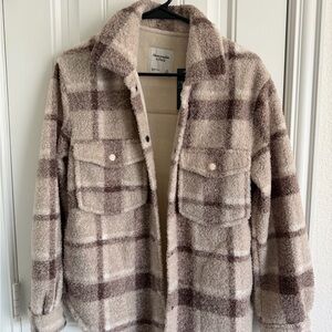 Abercrombie & Fitch Cream and Brown Plaid Sherpa Shacket